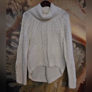 Cozy Cream Cable Knit HiLow Sweater Laced Detail At Sleeve Cuff